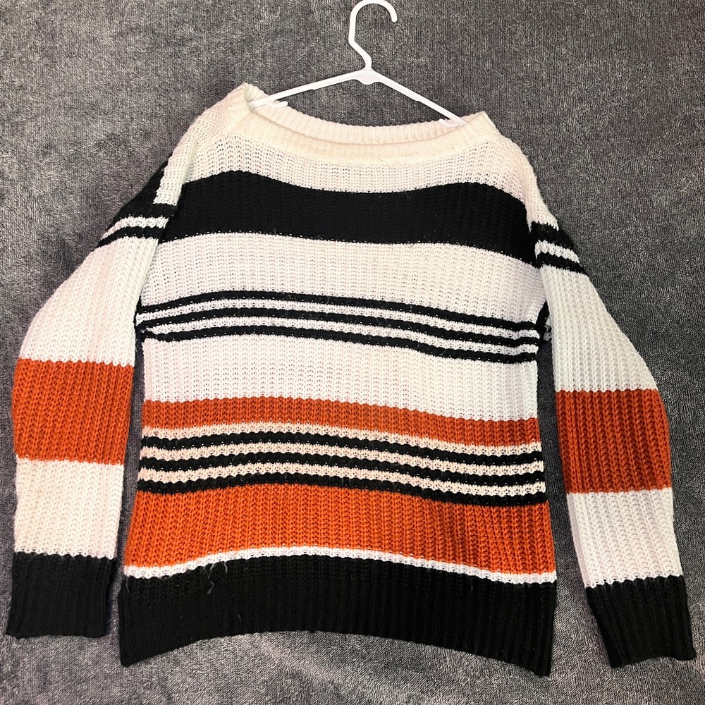Knit Fall Sweater - Women’s Small - Striped Orange Black & White